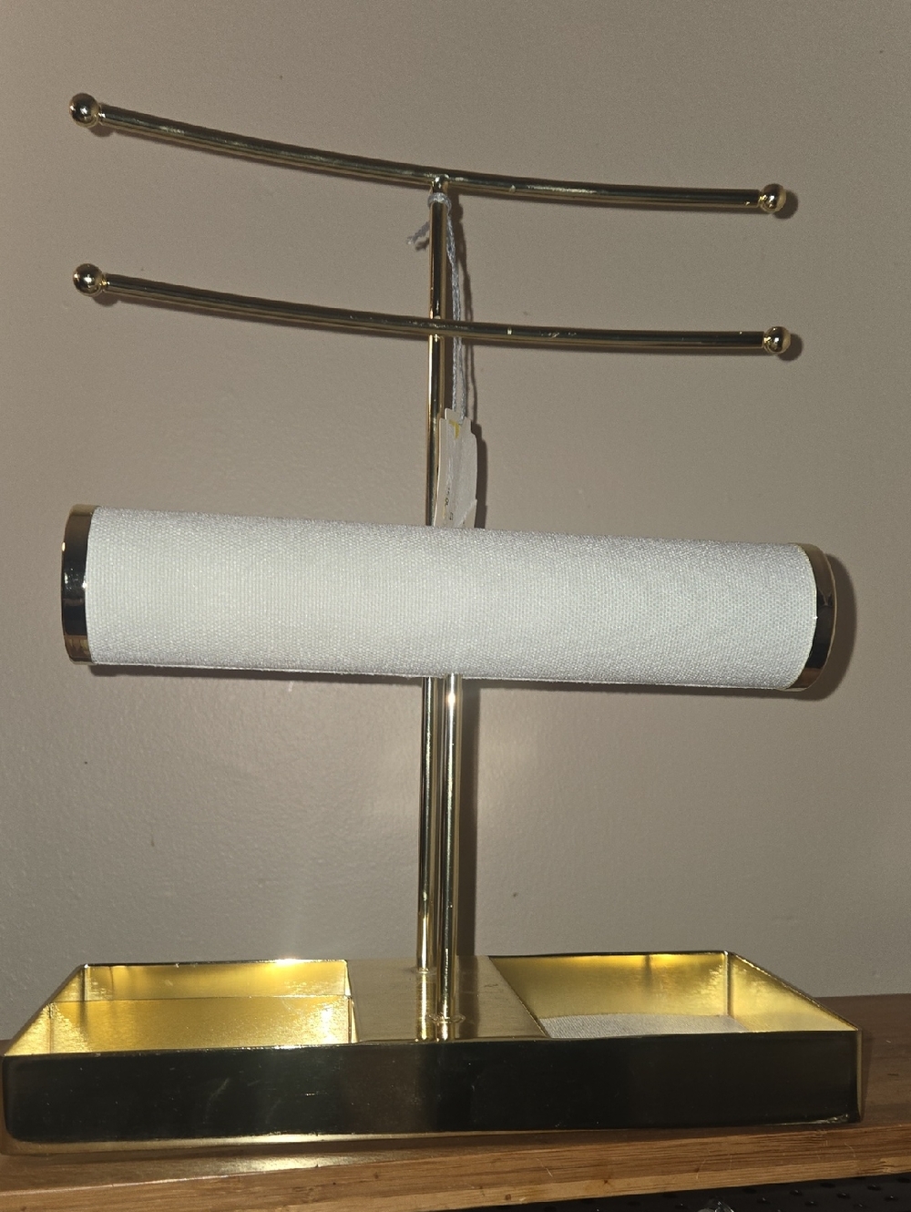 Gold Jewelry Stand with White Padded Bracelet Bar